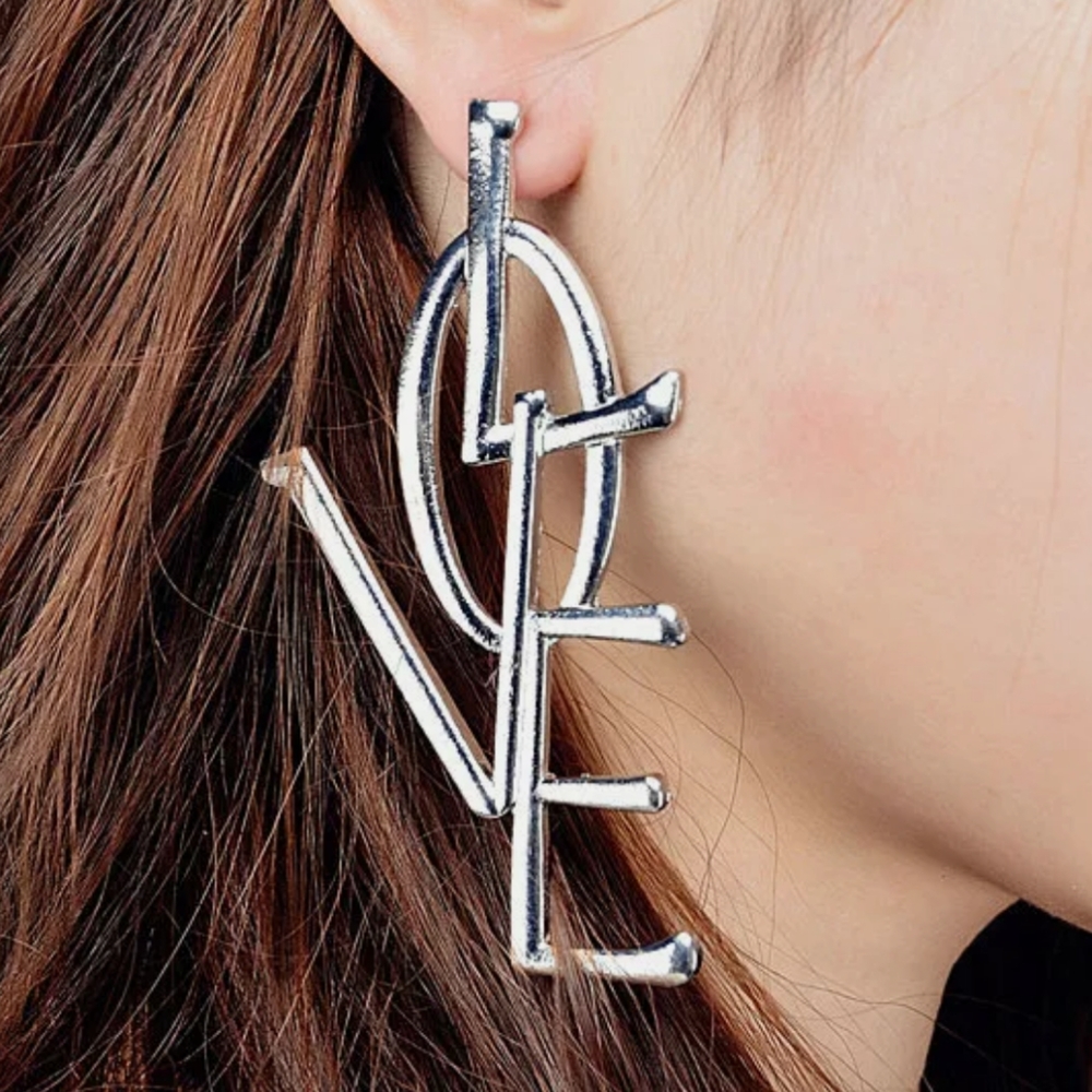 Woman's earrings.  "LOVE" 925 Sterling, 50mm lengt